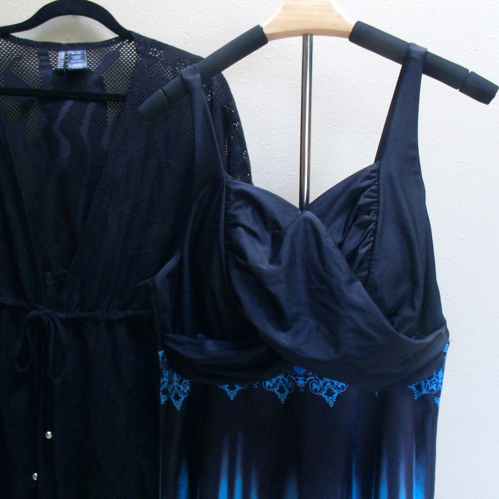 Hanna Nikole Black Turquoise Blue Tankini Top Sz 18W - Picture 4 of 11